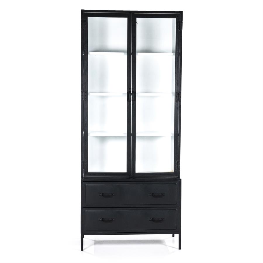 Vitrinekast Industrieel Metaal Glas 220 x 93cm - Zwart / Wit