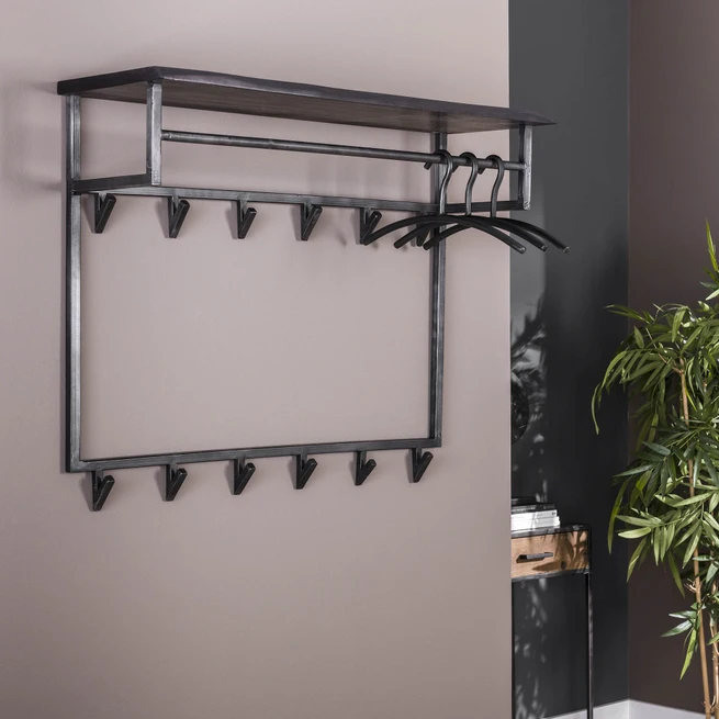 Kapstok Yucon Acaciahout met 12 haken en plank - Zwart Showmodel - Afbeelding 2